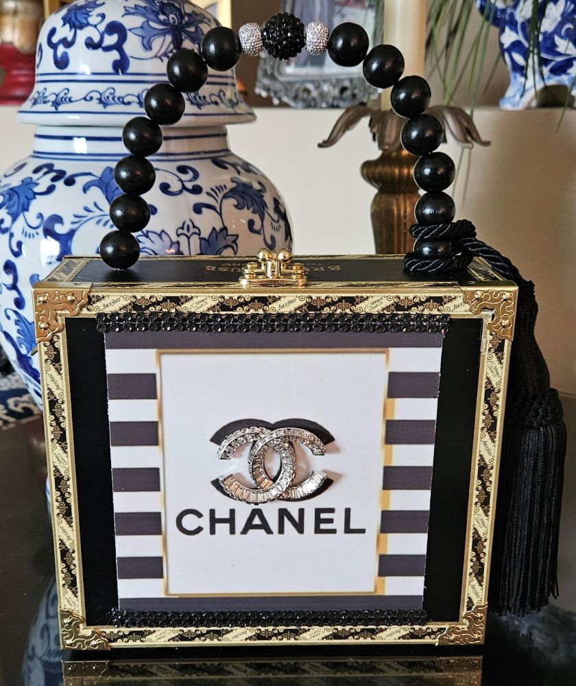 SOLD CC Brooch on Nautical Stripe Cigar Box Purse