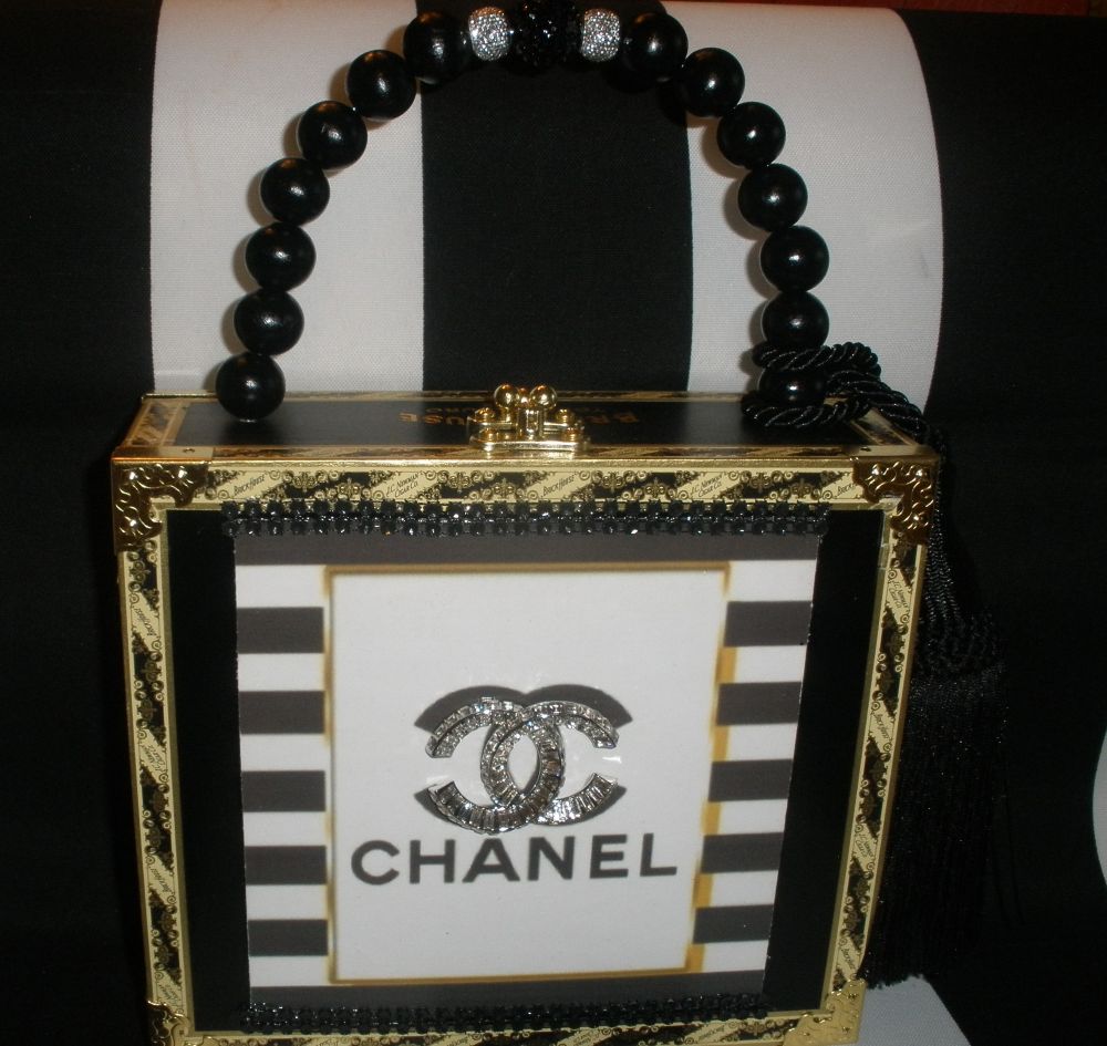 SOLD CC Brooch on Nautical Stripe Cigar Box Purse - Image 2