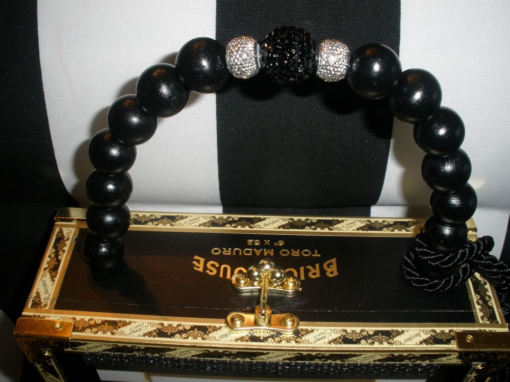 SOLD CC Brooch on Nautical Stripe Cigar Box Purse - Image 3