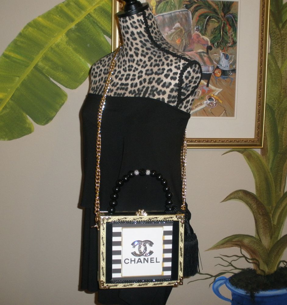 SOLD CC Brooch on Nautical Stripe Cigar Box Purse - Image 9