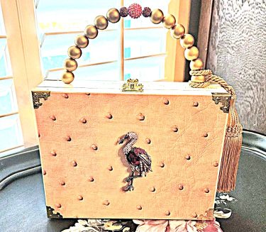 Flamingo Brooch on Pink Ostrich Cigar Box Purse