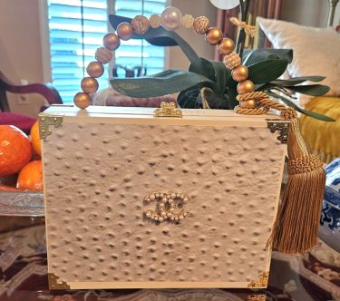 Pearl CC Brooch on White Ostrich Cigar Box Purse
