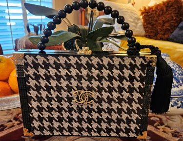 CC Brooch on Black Herringbone Cigar Box Purse