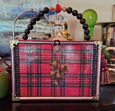 Christmas Red Crystal Bow on Tartan Plaid Cigar Box Purse