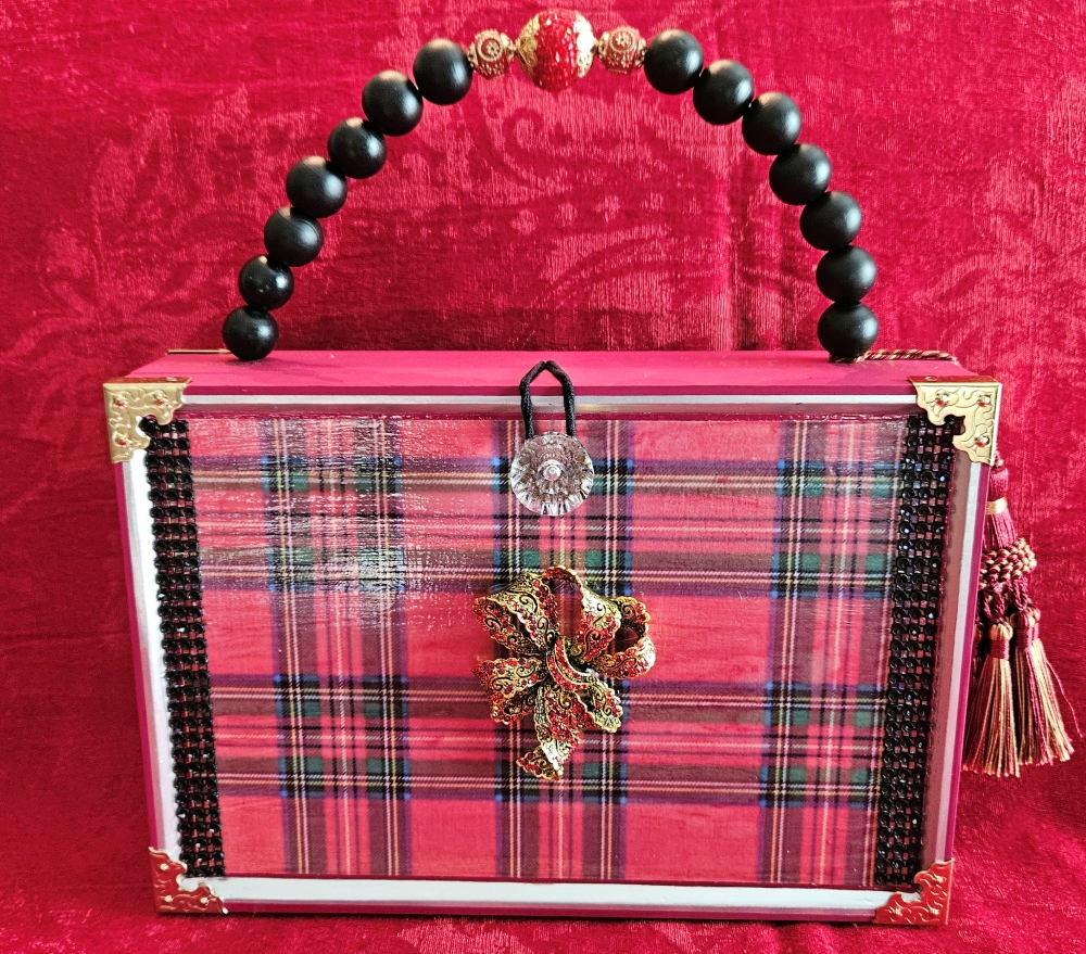 Christmas Red Crystal Bow on Tartan Plaid Cigar Box Purse - Image 3