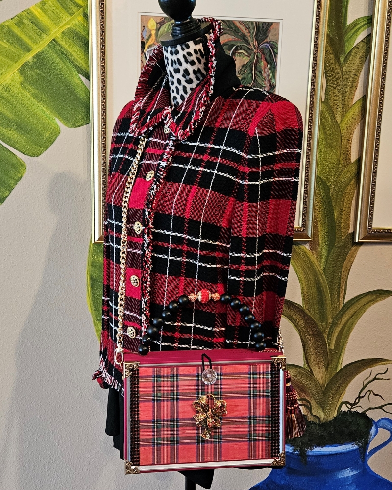 Christmas Red Crystal Bow on Tartan Plaid Cigar Box Purse - Image 9