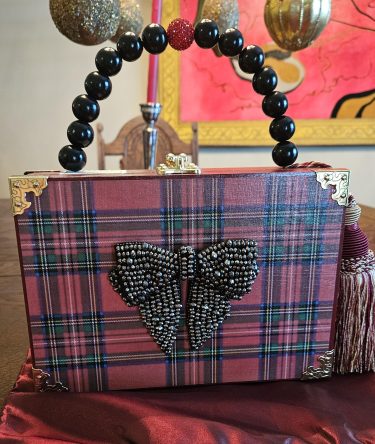 Christmas Black Crystal Bow on Red Tartan Plaid Cigar Box Purse