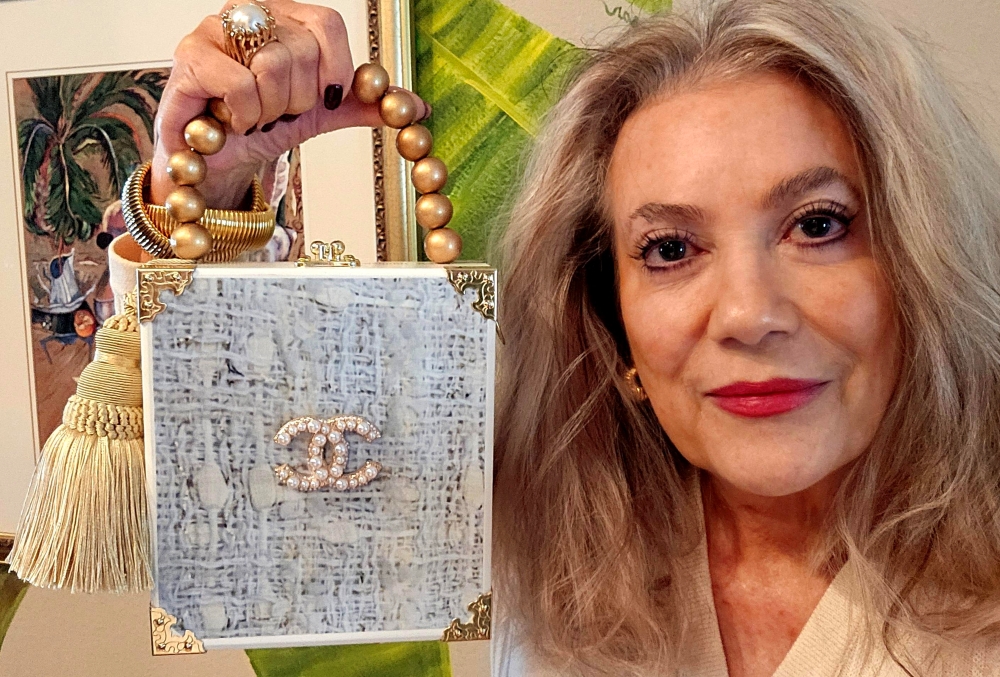 Pearl CC Brooch on Cream Bouclee Cigar Box Purse - Image 10