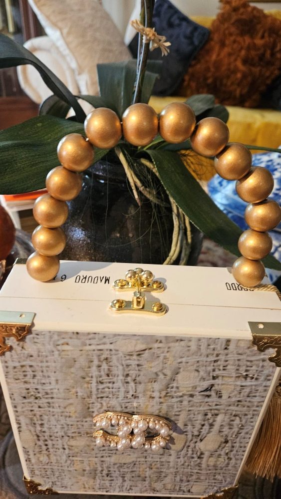 Pearl CC Brooch on Cream Bouclee Cigar Box Purse - Image 2