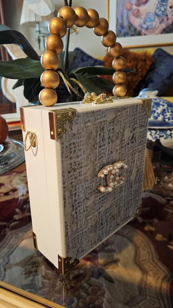 Pearl CC Brooch on Cream Bouclee Cigar Box Purse - Image 3