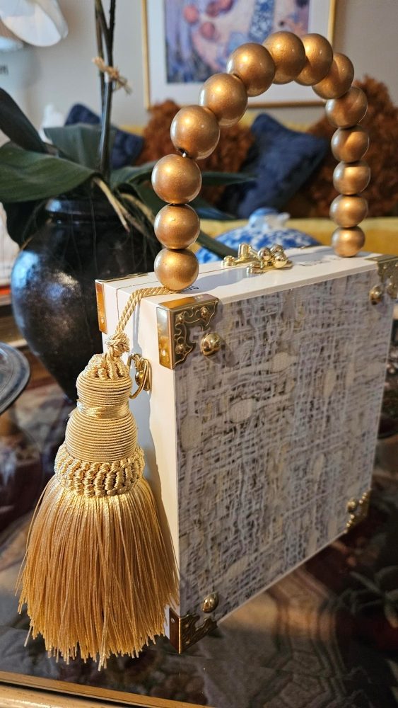 Pearl CC Brooch on Cream Bouclee Cigar Box Purse - Image 4