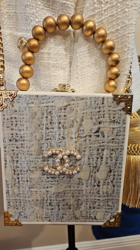 Pearl CC Brooch on Cream Bouclee Cigar Box Purse