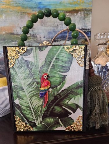 Colorful Parrot Brooch on Banana Leaves Cigar Box Purse