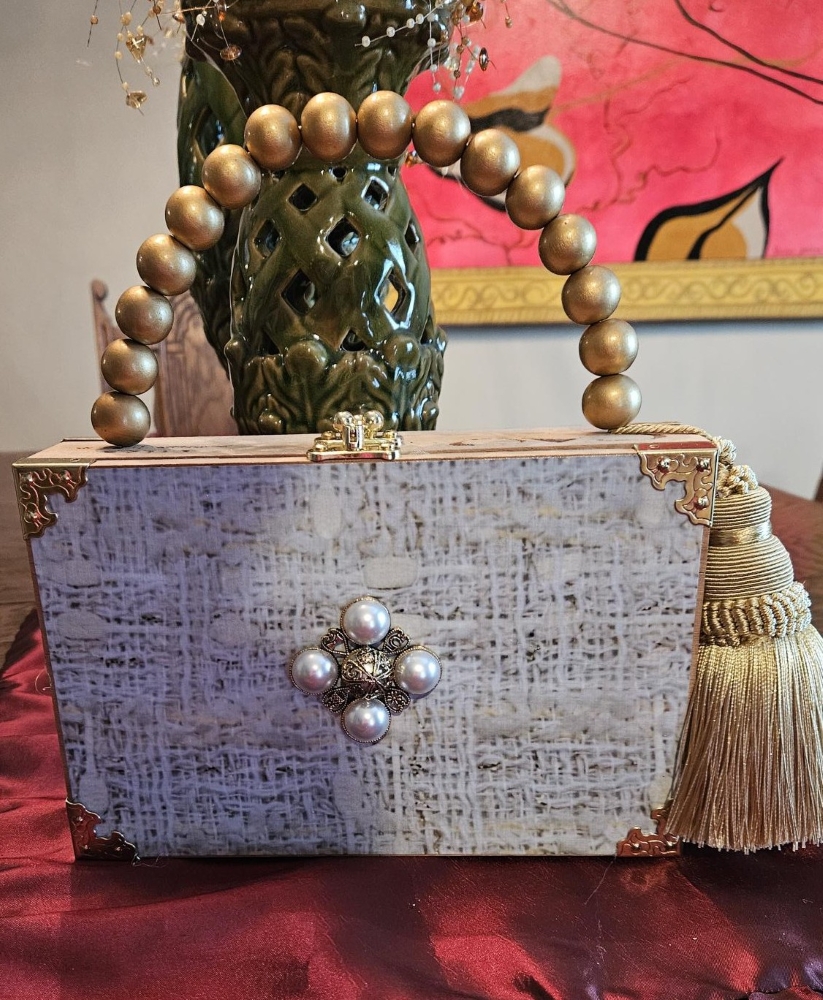 Pearl Maltese Cross on Cream Boucle Tweed Cigar Box Purse - Image 2