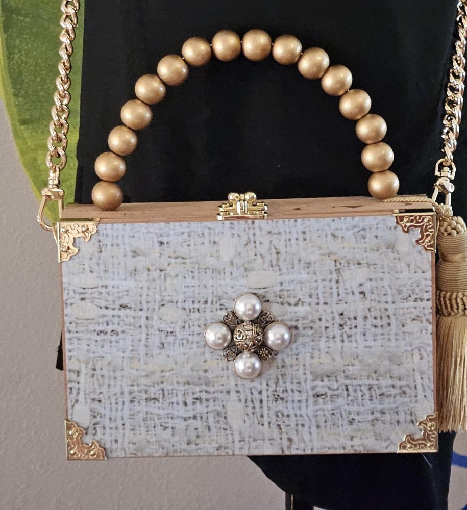 Pearl Maltese Cross on Cream Boucle Tweed Cigar Box Purse - Image 9