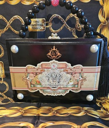 Black My Father with Pearl Crown Applique Cigar Box Purse