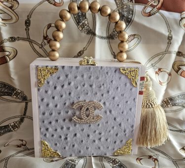 CC Rhinestone Brooch on White Ostrich Cigar Box Purse No.2