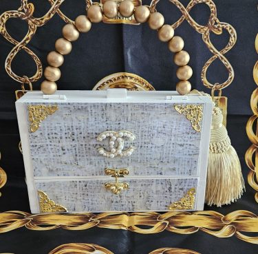 Pearl CC Brooch on Cream Tweed Boucle Cigar Box Purse