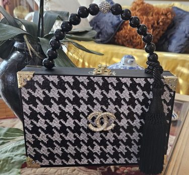 Black Herringbone with CC Brooch Cigar Box Purse