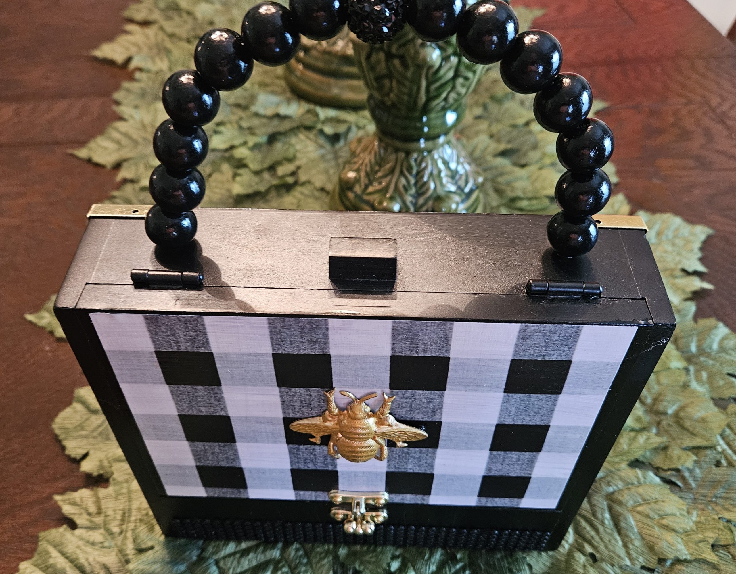 Golden Bee on Black Gingham Cigar Box Purse - Image 3