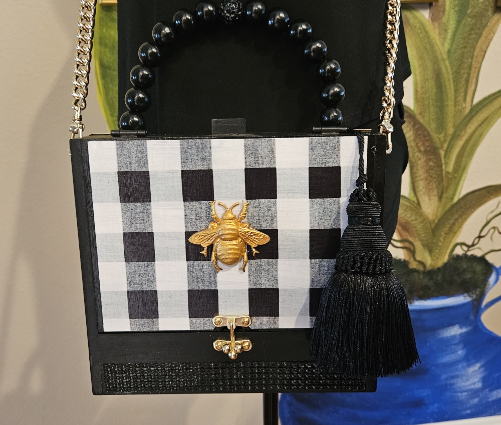 Golden Bee on Black Gingham Cigar Box Purse - Image 9