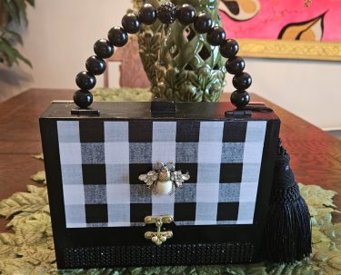 Rhinestone Bee on Black Gingham Cigar Box Purse