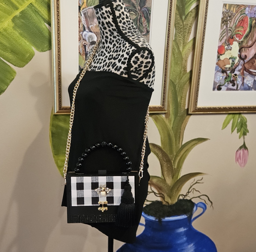 Rhinestone Bee on Black Gingham Cigar Box Purse - Image 10