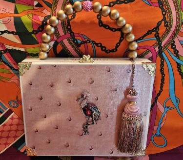 Pink Flamingo Brooch on Pink Ostrich Cigar Box Purse