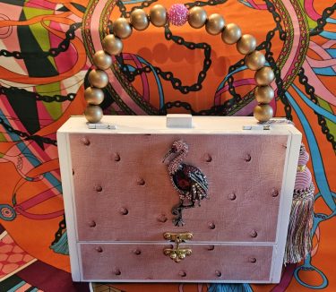 Pink Flamingo Brooch on Pink Ostrich Cigar Box Purse 2