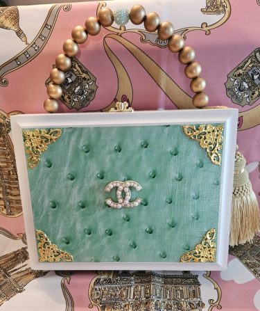 CC Pearl Brooch on Mint Ostrich Cigar Box Purse