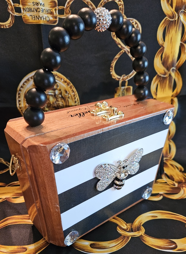 Queen Bee on Nautical Stripe Cigar Box Purse - Image 5