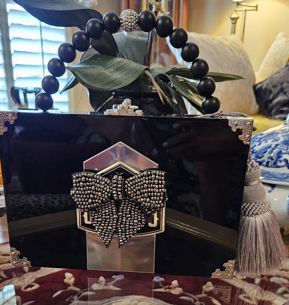 Black Crystal Bow on Black Camacho Cigar Box Purse
