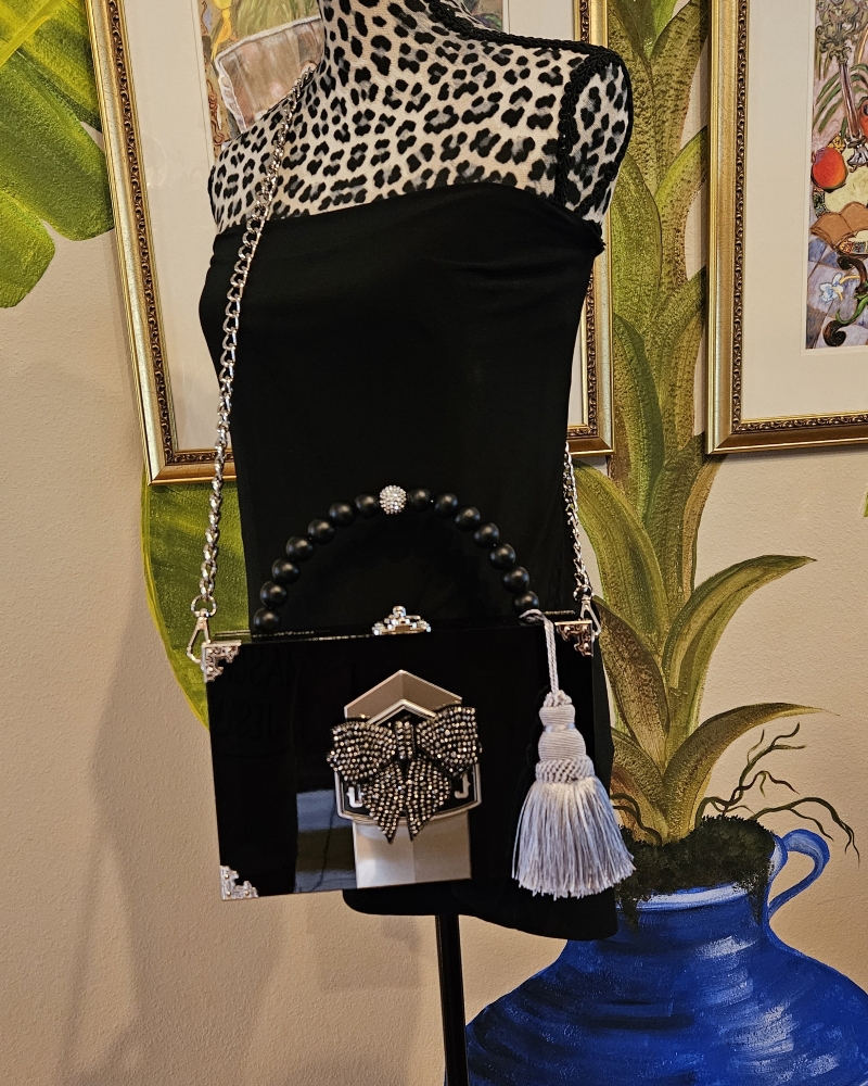 Black Crystal Bow on Black Camacho Cigar Box Purse - Image 8