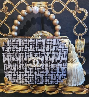 Pearl CC Brooch on Black Boucle Tweed Cigar Box Purse
